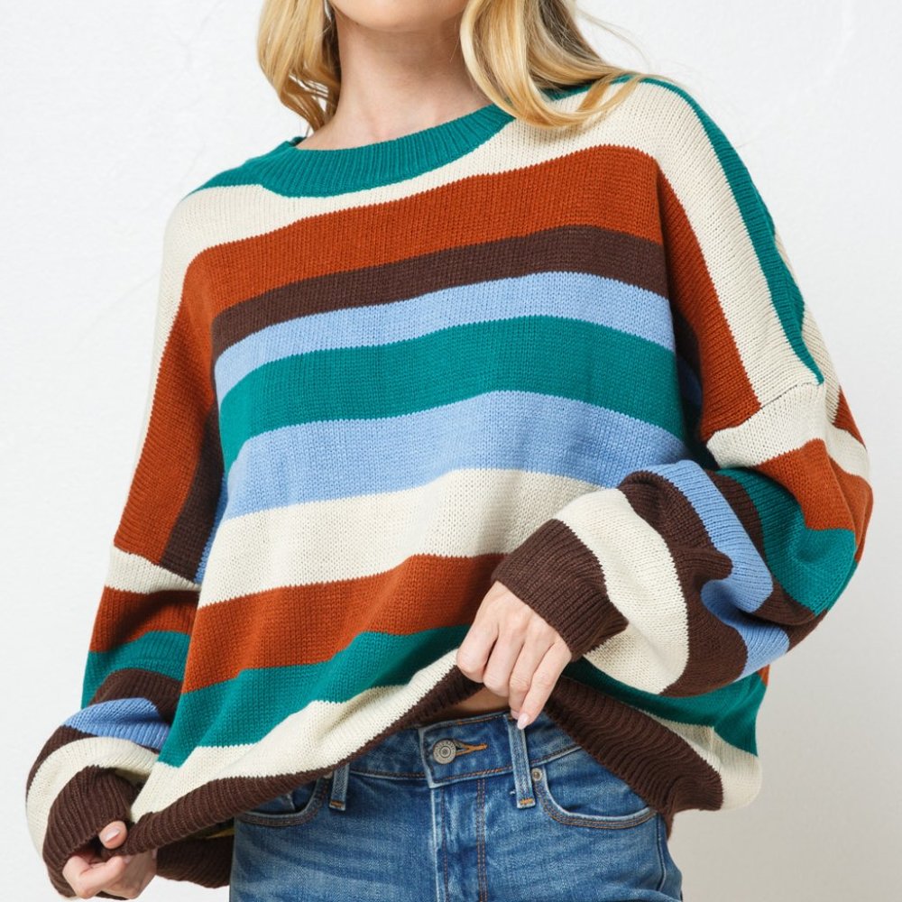 Retro Striped Round Neck Knit Pullover Sweater